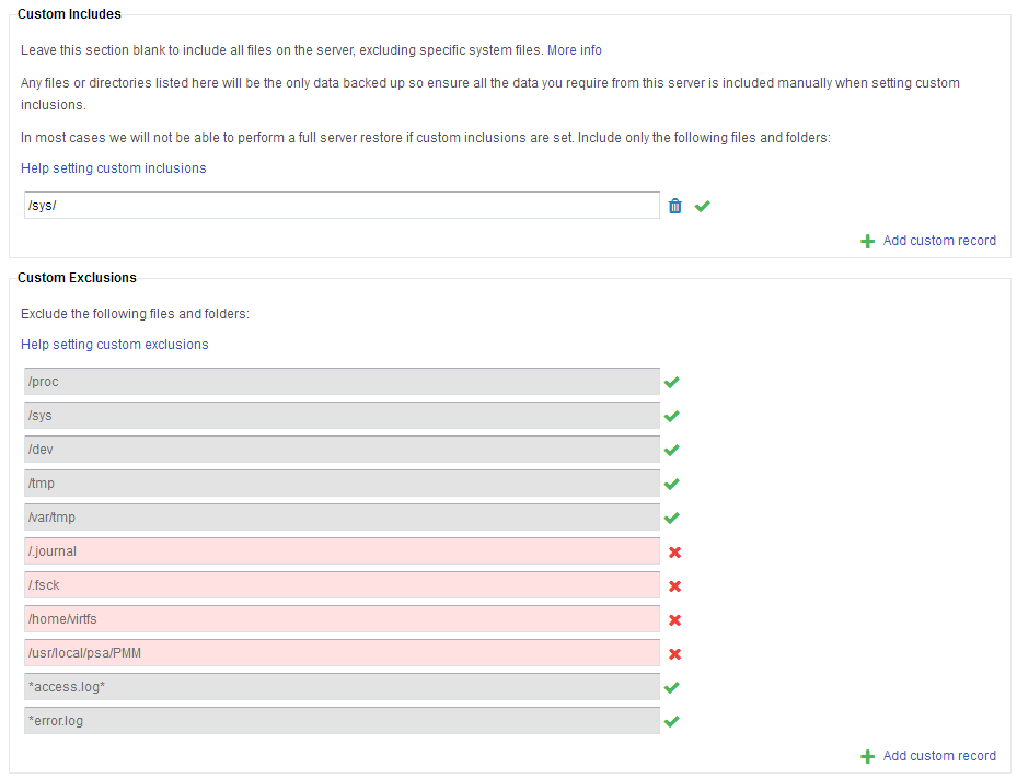 user defined includes/excludes