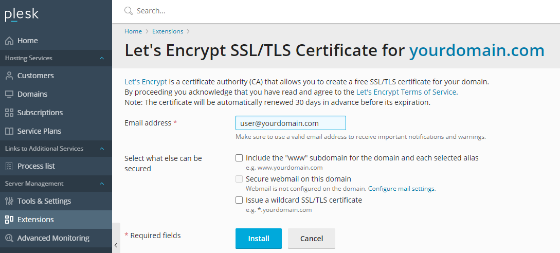 plesk existing domain