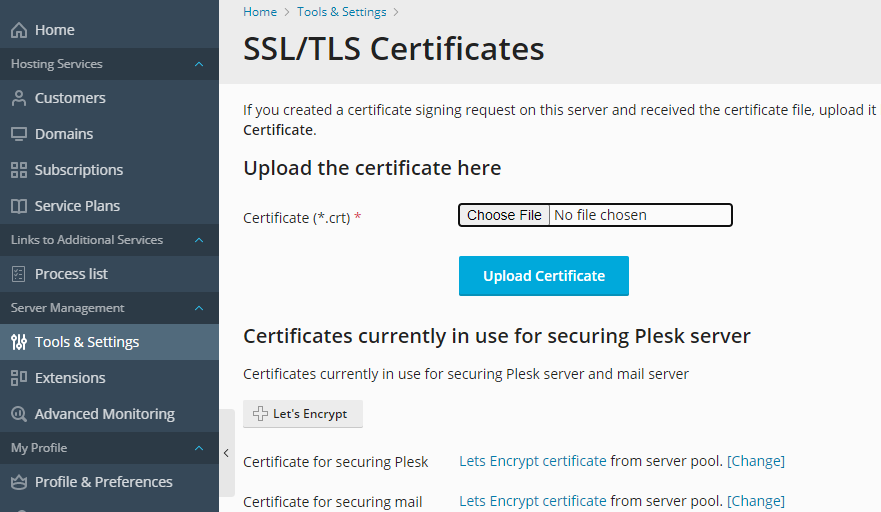 plesk existing domain